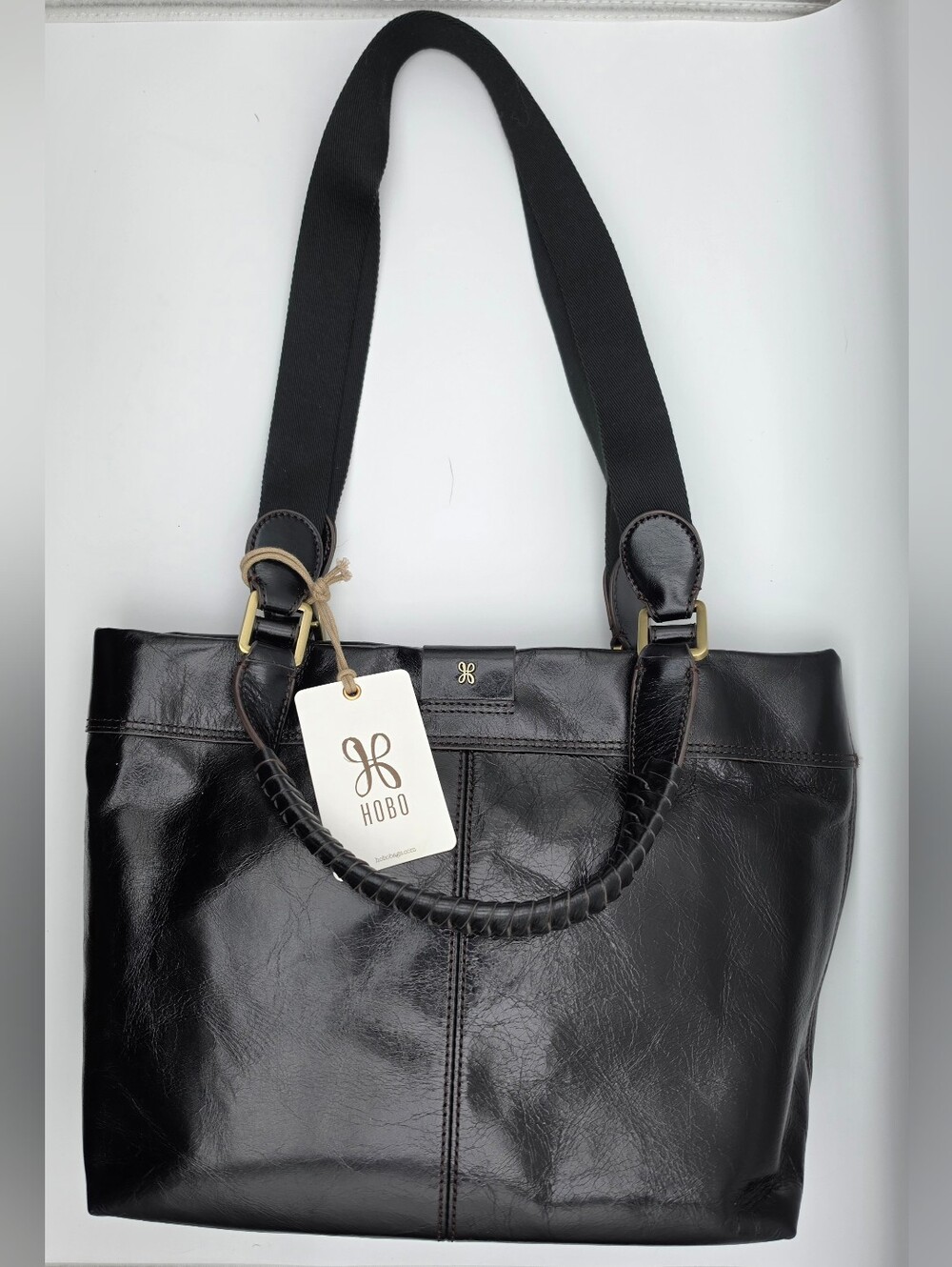 HOBO Romy Medium Black Polished Leather Hobo Tote with Braided Handle NWT